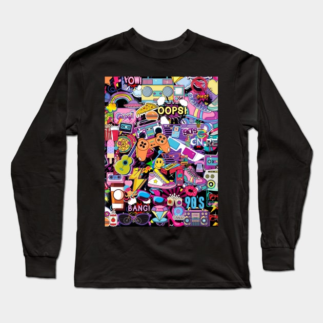 Collage 90s Kid Sticker Collection Wall Long Sleeve T-Shirt by PodByAsh